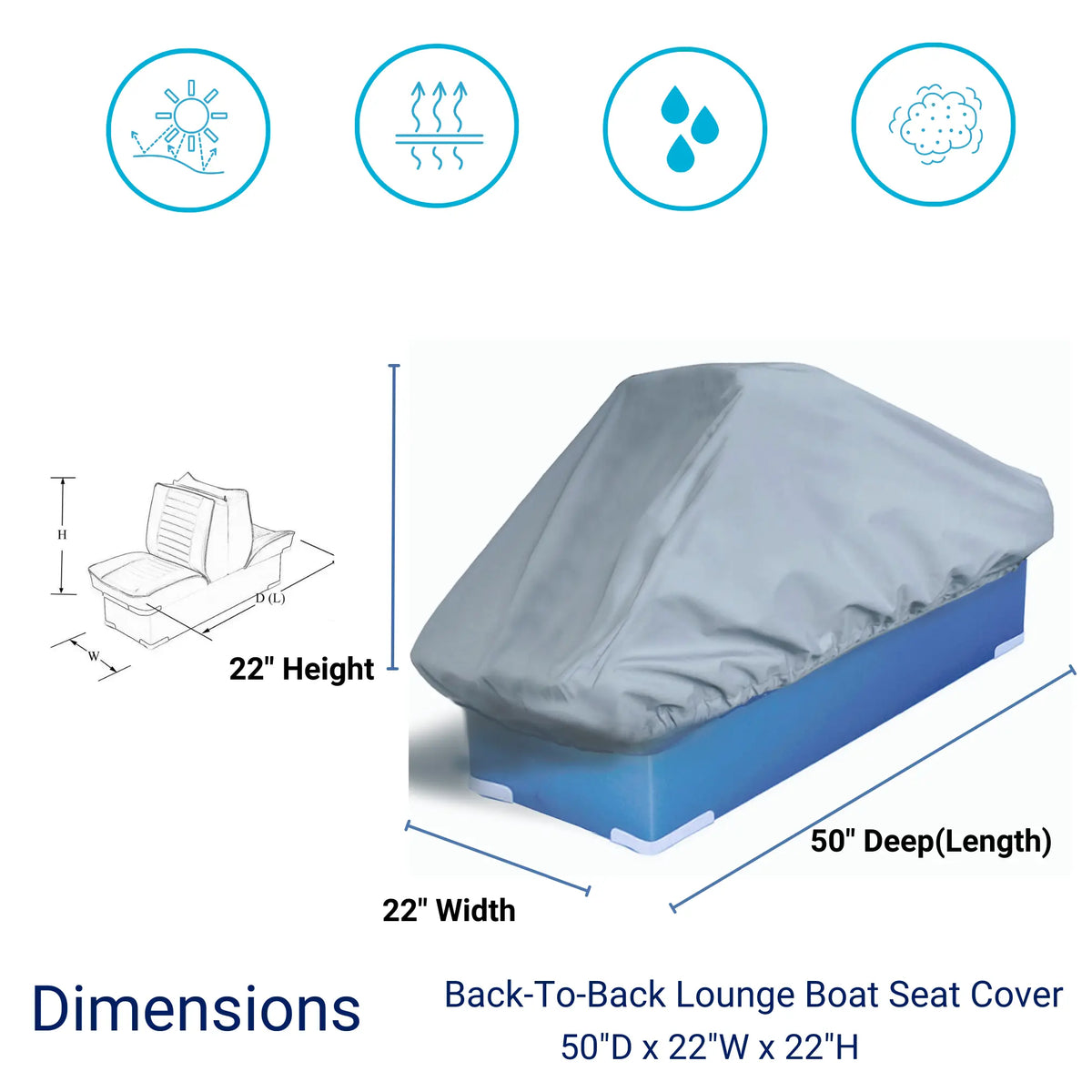 SavvyCraft® waterproof back-to-back lounge boat seat cover showing dimensions 50 inch deep x 22 inch wide x 22 inch high, designed for marine seat protection.