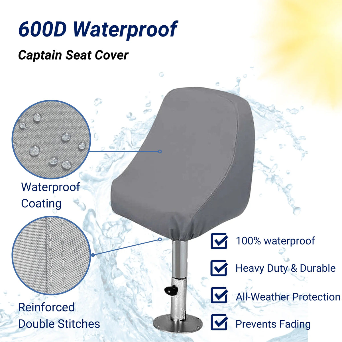 SavvyCraft heavy-duty boat captain's chair cover featuring 100% waterproof 600D fabric, reinforced seams for durability, and UV protection to prevent fading