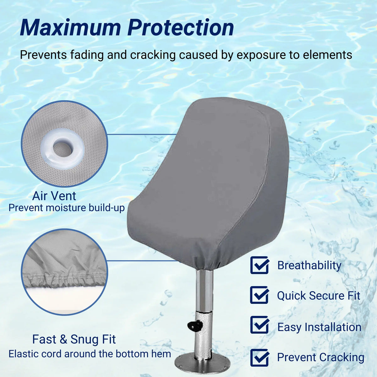 SavvyCraft® waterproof boat captain's chair cover made from 600D polyester with waterproof coating, elastic hems, and durable piping edge for marine seat protection, easy installations