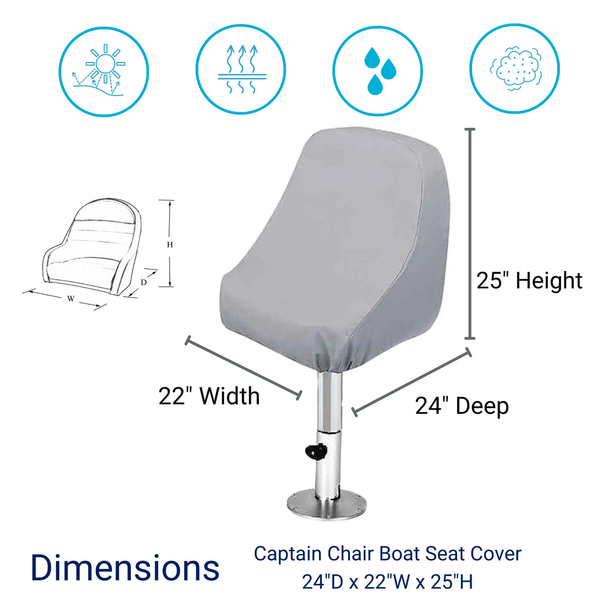 SavvyCraft® waterproof boat captain's chair cover showing dimensions 24 inch deep x 22 inch wide x 25 inch high, designed for marine seat protection.