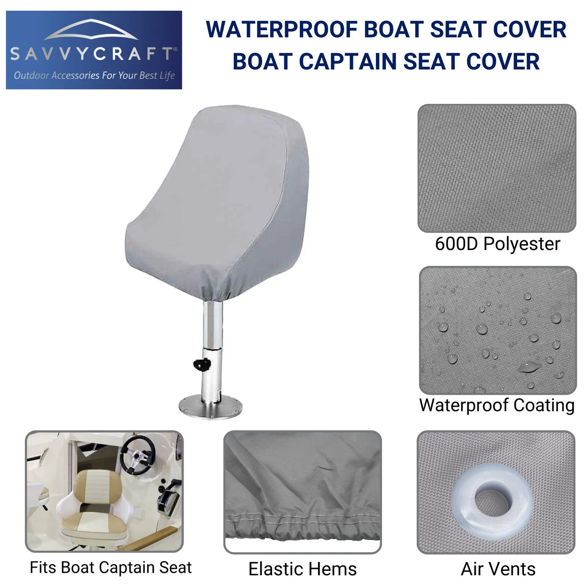 SavvyCraft® waterproof boat captain's chair cover made from 600D polyester with waterproof coating, elastic hems, and durable piping edge for marine seat protection