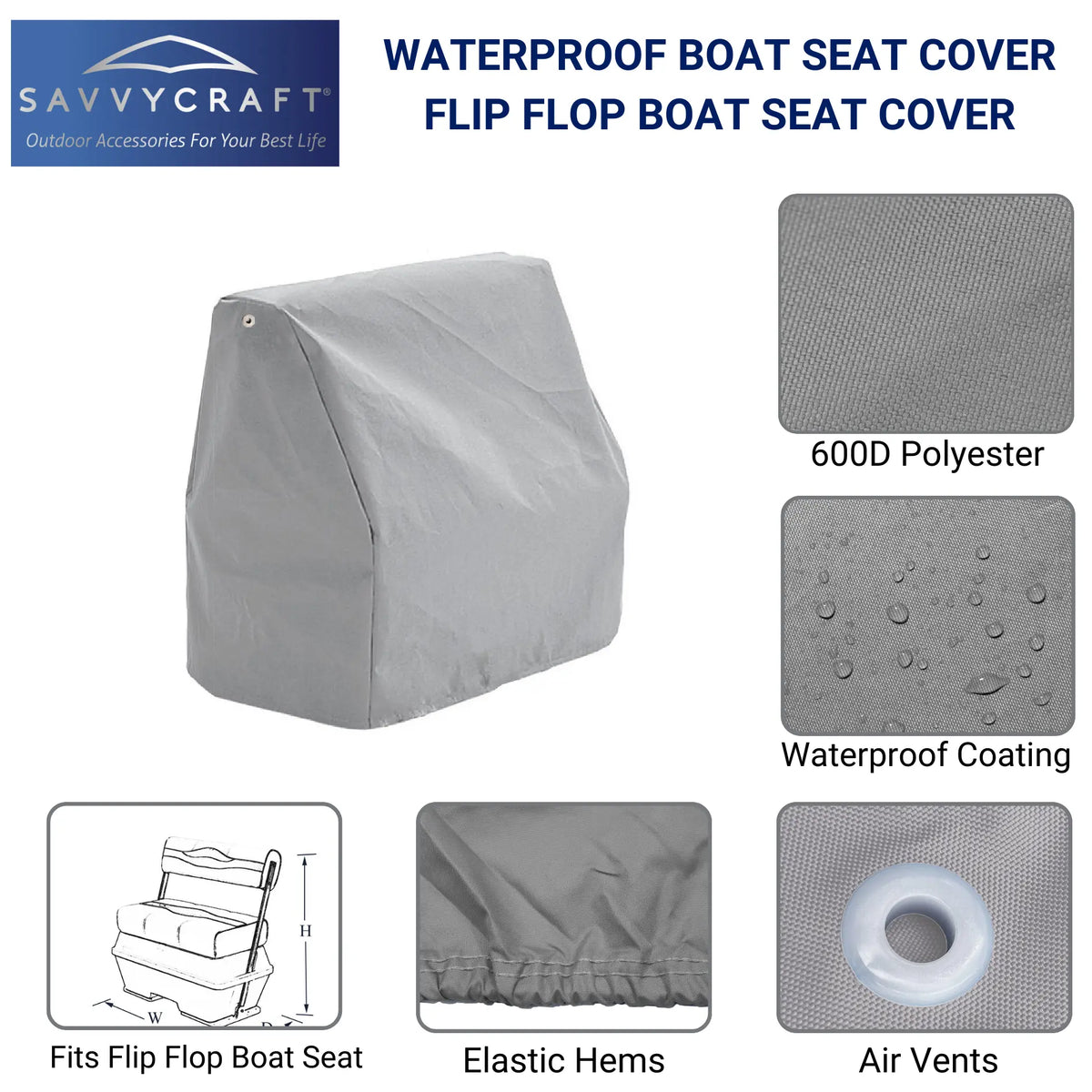 SavvyCraft® waterproof flip flop boat seat cover made from 600D polyester with waterproof coating, elastic hems, and durable piping edge for marine seat protection