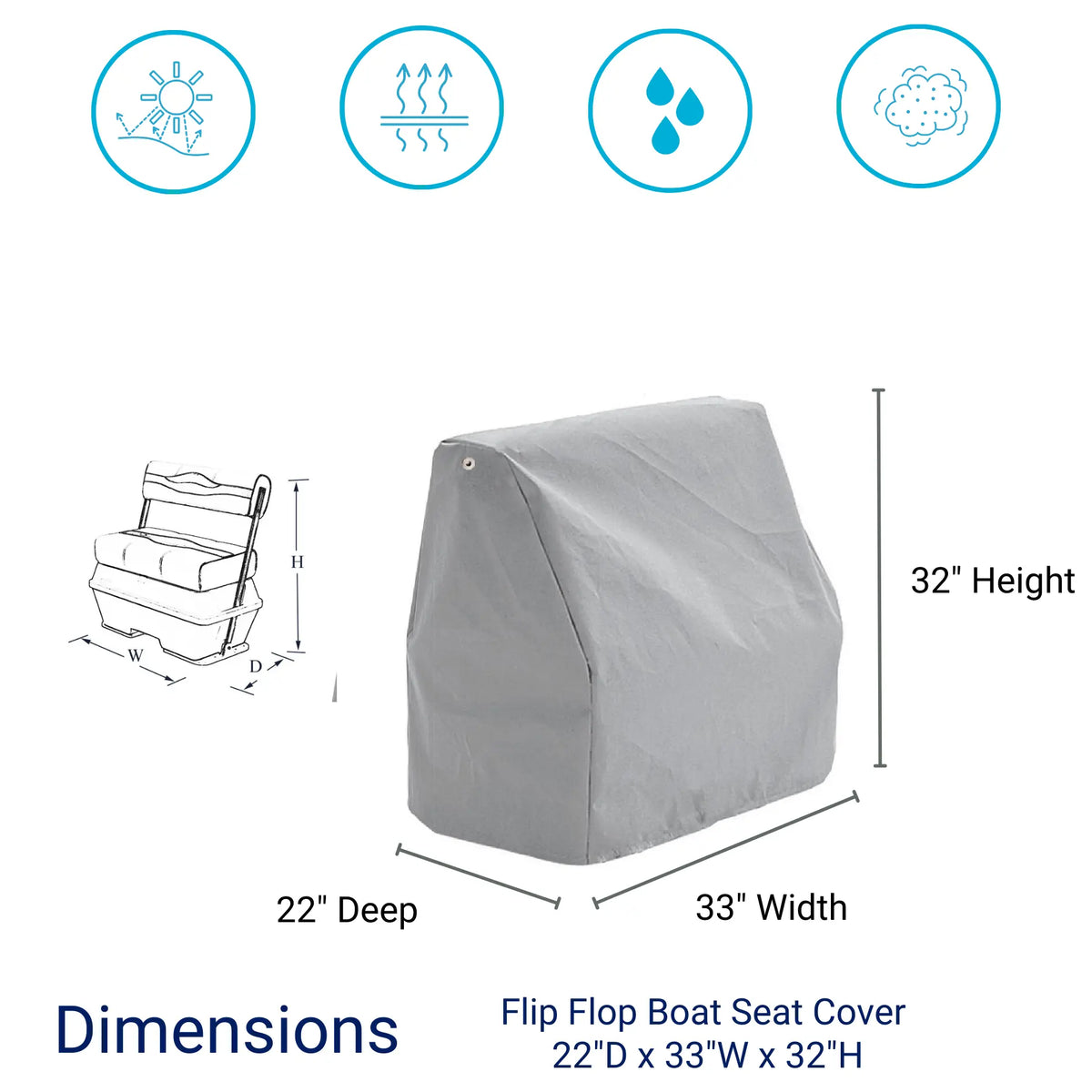 SavvyCraft® waterproof back-to-back lounge boat seat cover showing dimensions 22 inch deep x 33 inch wide x 32 inch high, designed for marine seat protection.