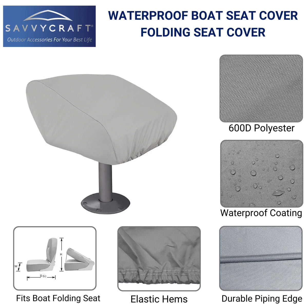 SavvyCraft® waterproof folding boat seat cover made from 600D polyester with waterproof coating, elastic hems, and durable piping edge for marine seat protection
