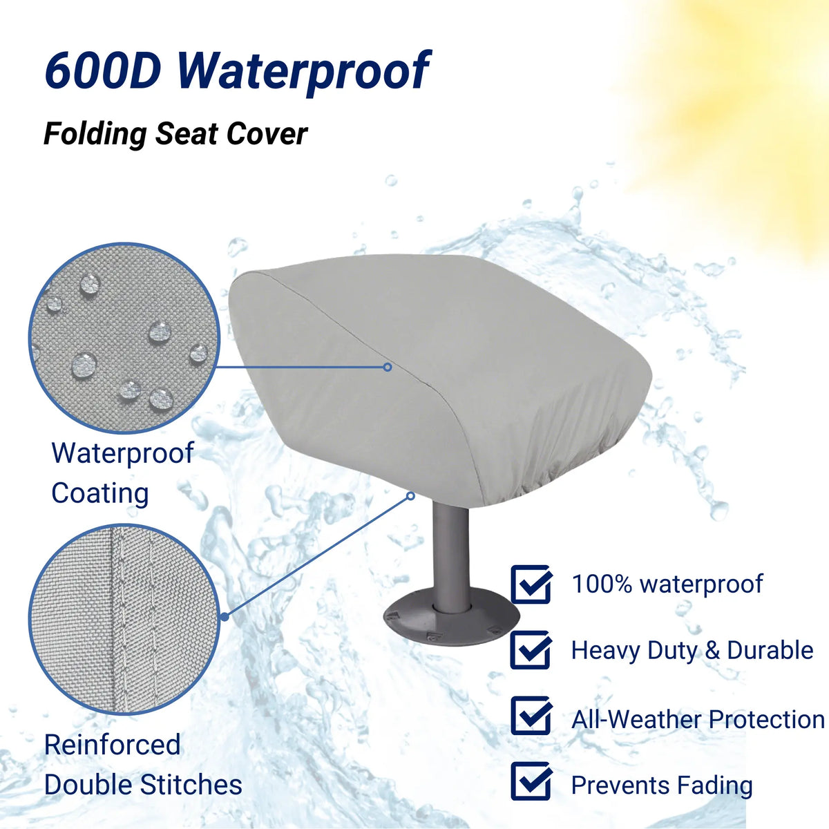 SavvyCraft heavy-duty folding boat seat cover featuring 100% waterproof 600D fabric, reinforced seams for durability, and UV protection to prevent fading