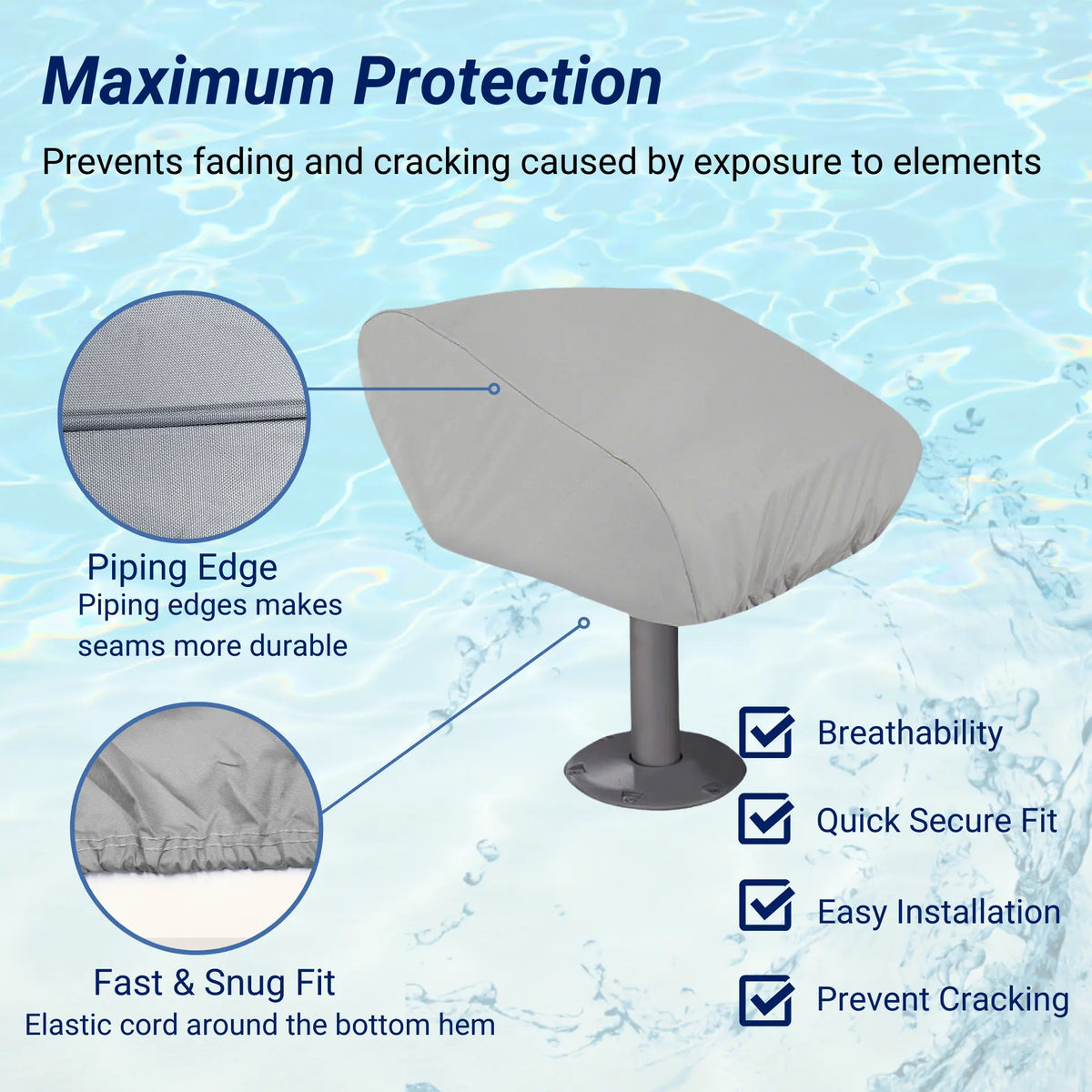 SavvyCraft® waterproof folding boat seat cover made from 600D polyester with waterproof coating, elastic hems, and durable piping edge for marine seat protection, easy installation