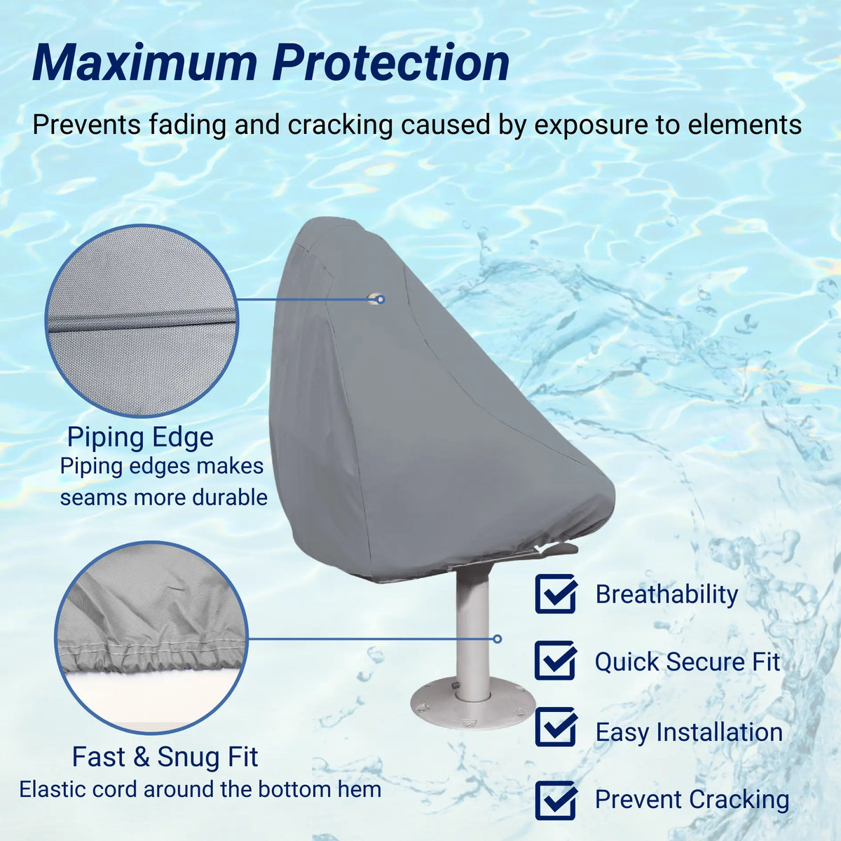 SavvyCraft® waterproof boat pedestal chair cover made from 600D polyester with waterproof coating, elastic hems, and durable piping edge for marine seat protection, easy installation