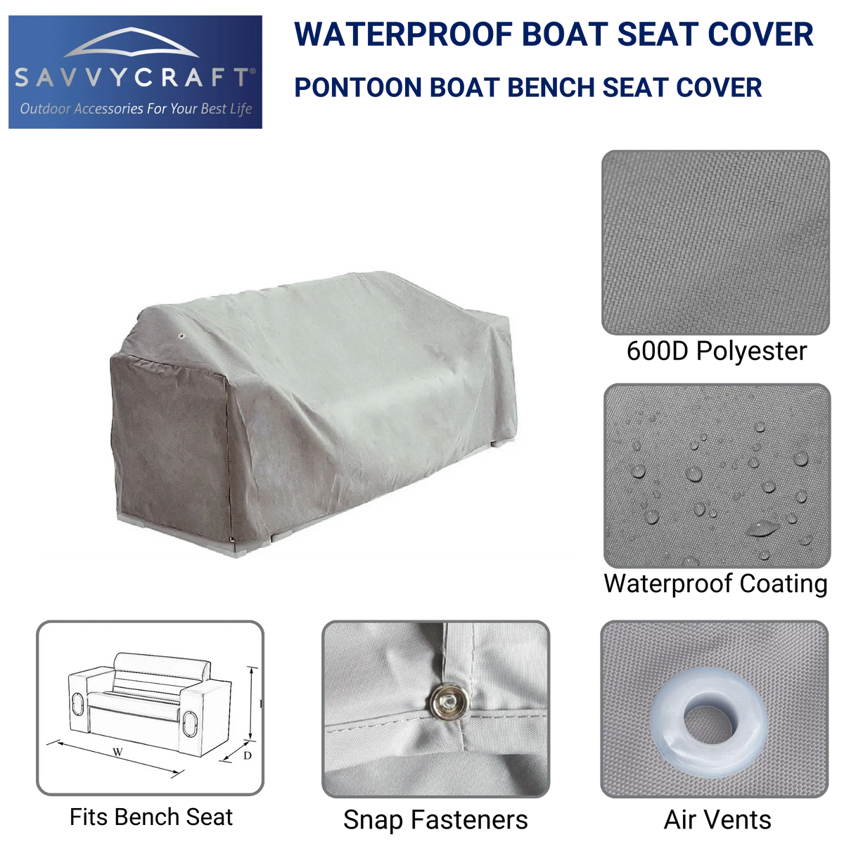SavvyCraft waterproof pontoon boat bench seat cover - 600D polyester fabric texture, water repellent coating, secure fasteners, and breathable air vents.