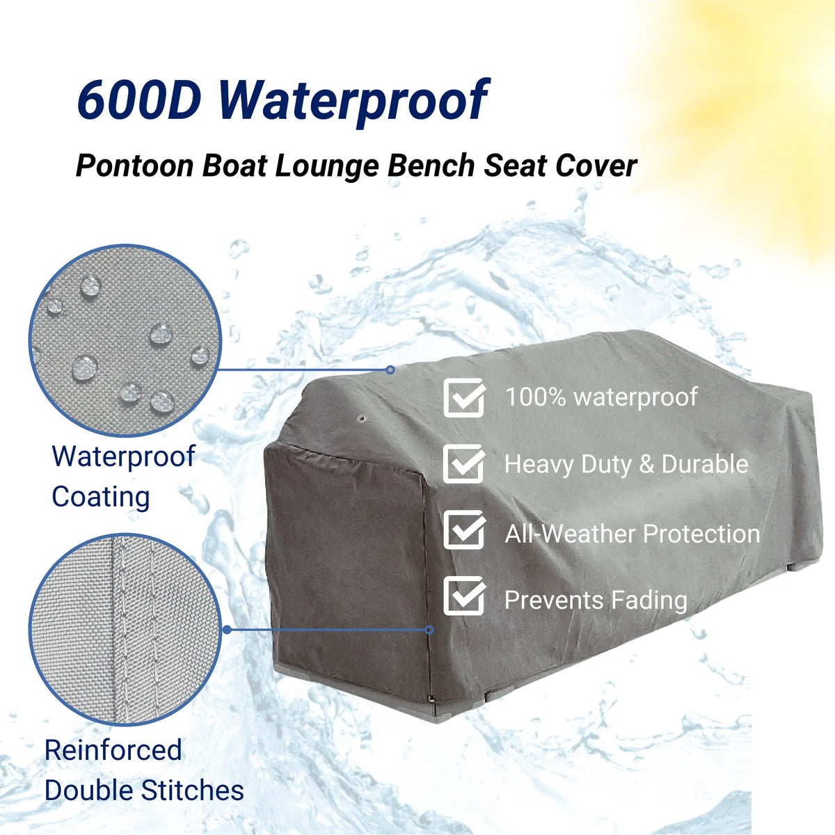 SavvyCraft heavy-duty boat seat cover featuring 100% waterproof 600D fabric, reinforced seams for durability, and UV protection to prevent fading