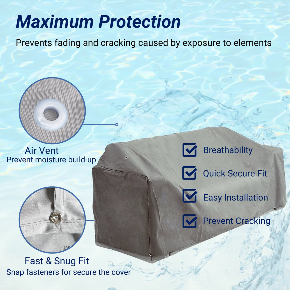 SavvyCraft waterproof pontoon boat bench seat cover - 600D polyester fabric texture, water repellent coating, secure fasteners, and breathable air vents.