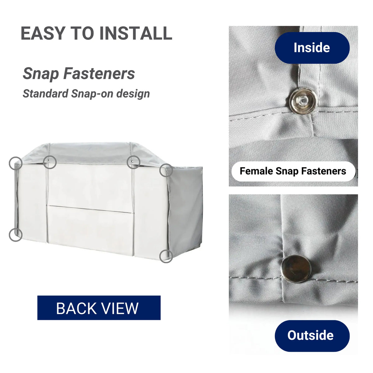 SavvyCraft boat seat cover installation guide showing the back view with standard snap fasteners and female snap details for easy install