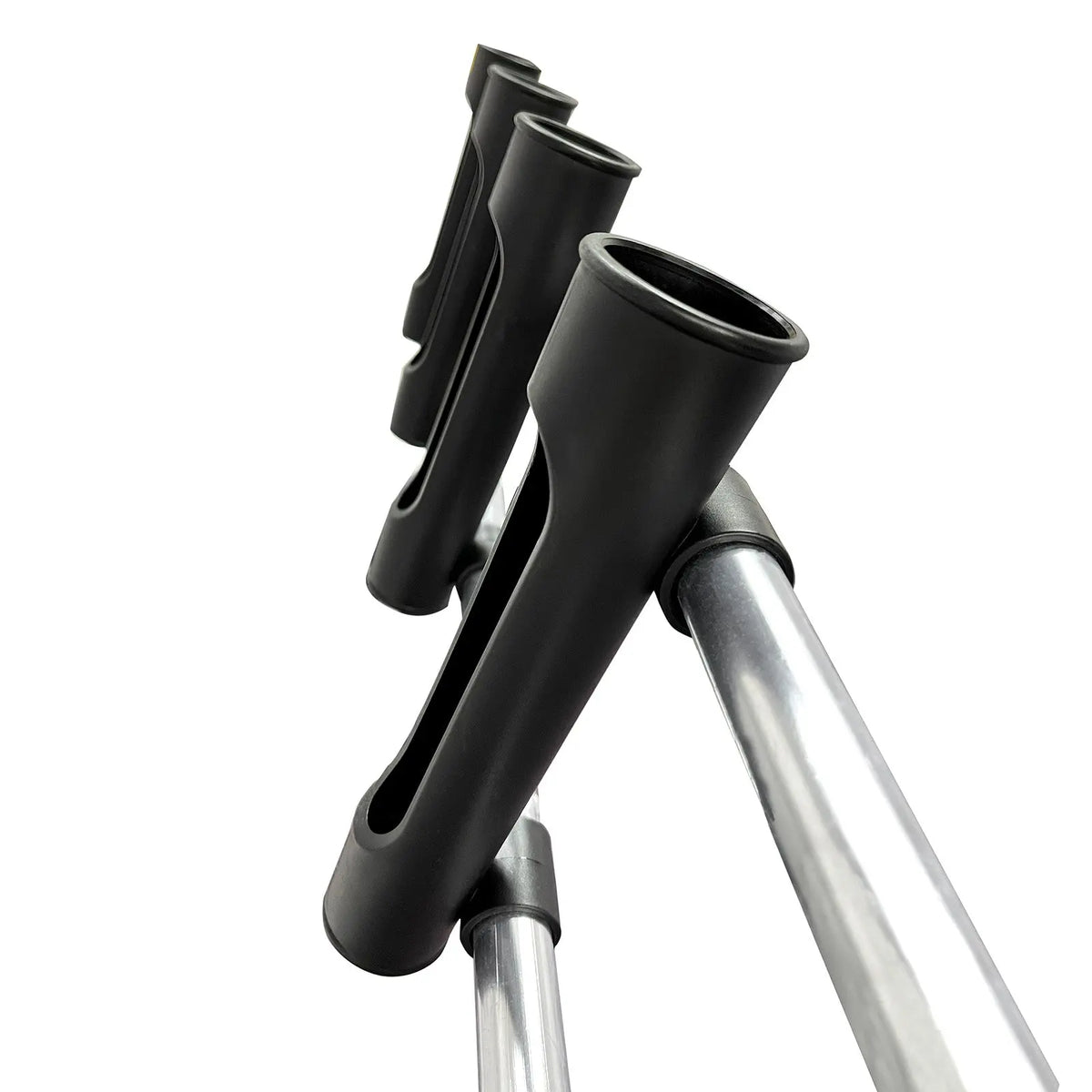 Close up of rod holders attached to poles.