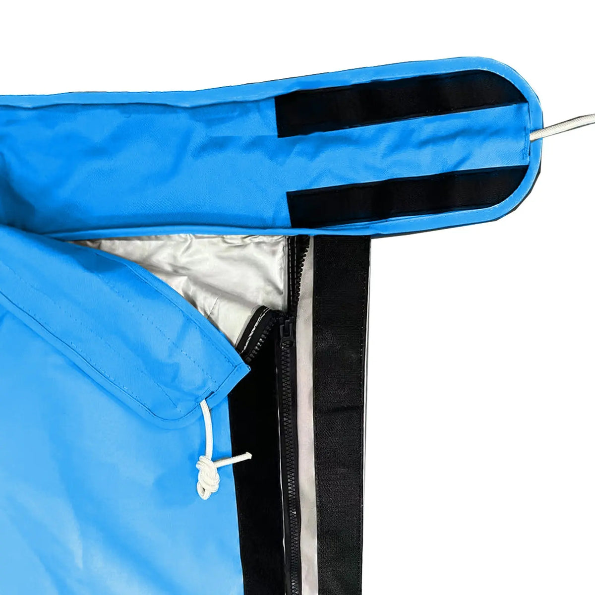 Full-length zipper with Velcro storm flap and heat-reflective lining on waterproof blue mainsail boom cover