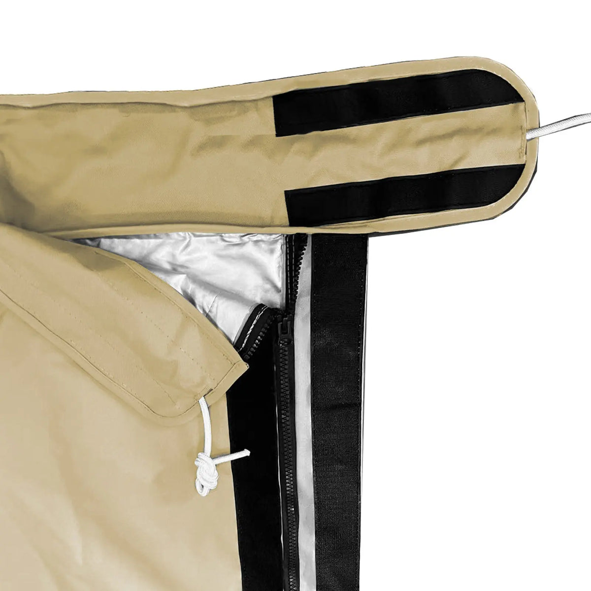 Full-length zipper with Velcro storm flap and heat-reflective lining on waterproof beige mainsail boom cover