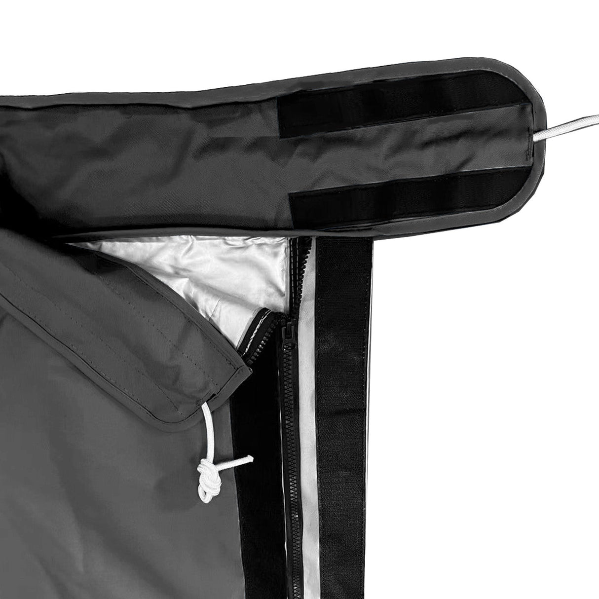Full-length zipper with Velcro storm flap and heat-reflective lining on waterproof black mainsail boom cover