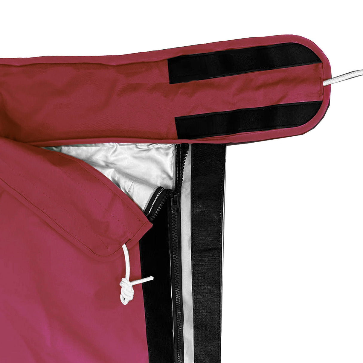 Full-length zipper with Velcro storm flap and heat-reflective lining on waterproof burgundy mainsail boom cover
