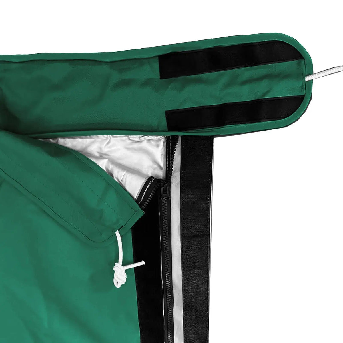 Full-length zipper with Velcro storm flap and heat-reflective lining on waterproof green mainsail boom cover