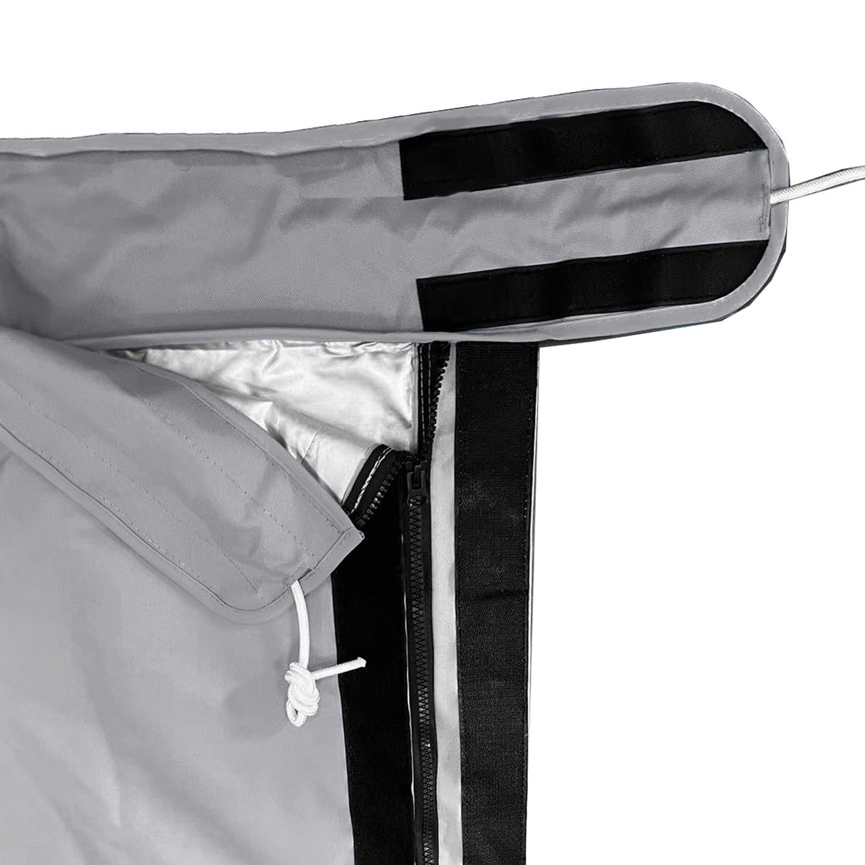 Full-length zipper with Velcro storm flap and heat-reflective lining on waterproof grey mainsail boom cover