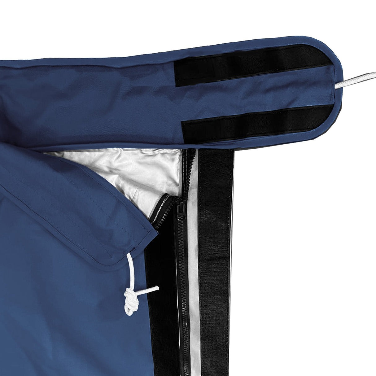 Full-length zipper with Velcro storm flap and heat-reflective lining on waterproof navy mainsail boom cover