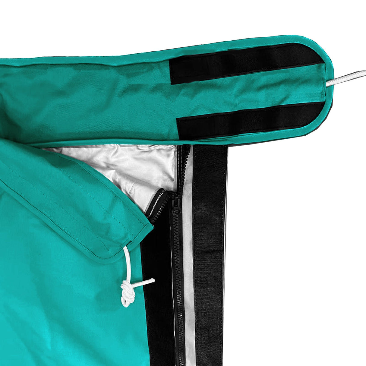 Full-length zipper with Velcro storm flap and heat-reflective lining on waterproof teal mainsail boom cover