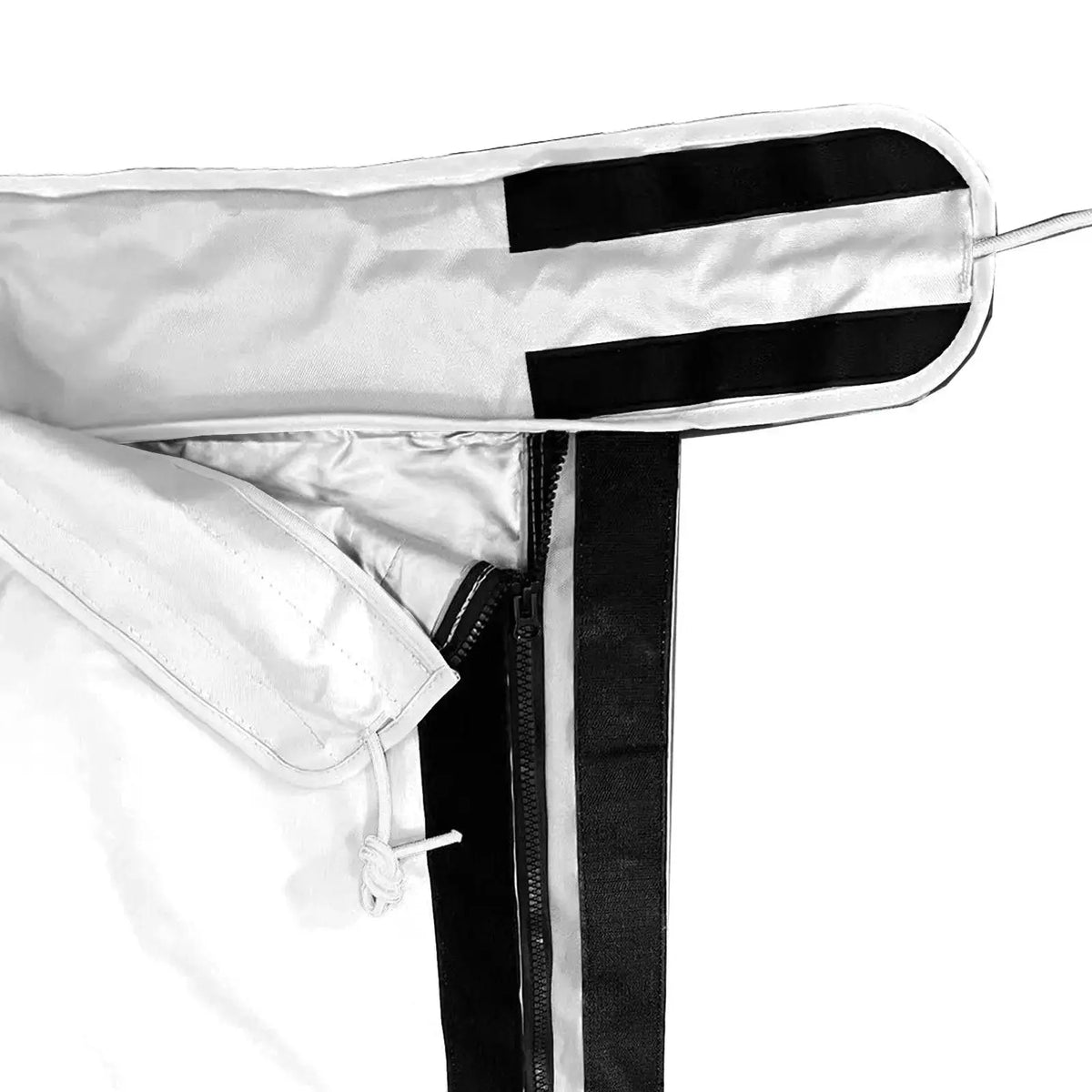 Full-length zipper with Velcro storm flap and heat-reflective lining on waterproof white mainsail boom cover