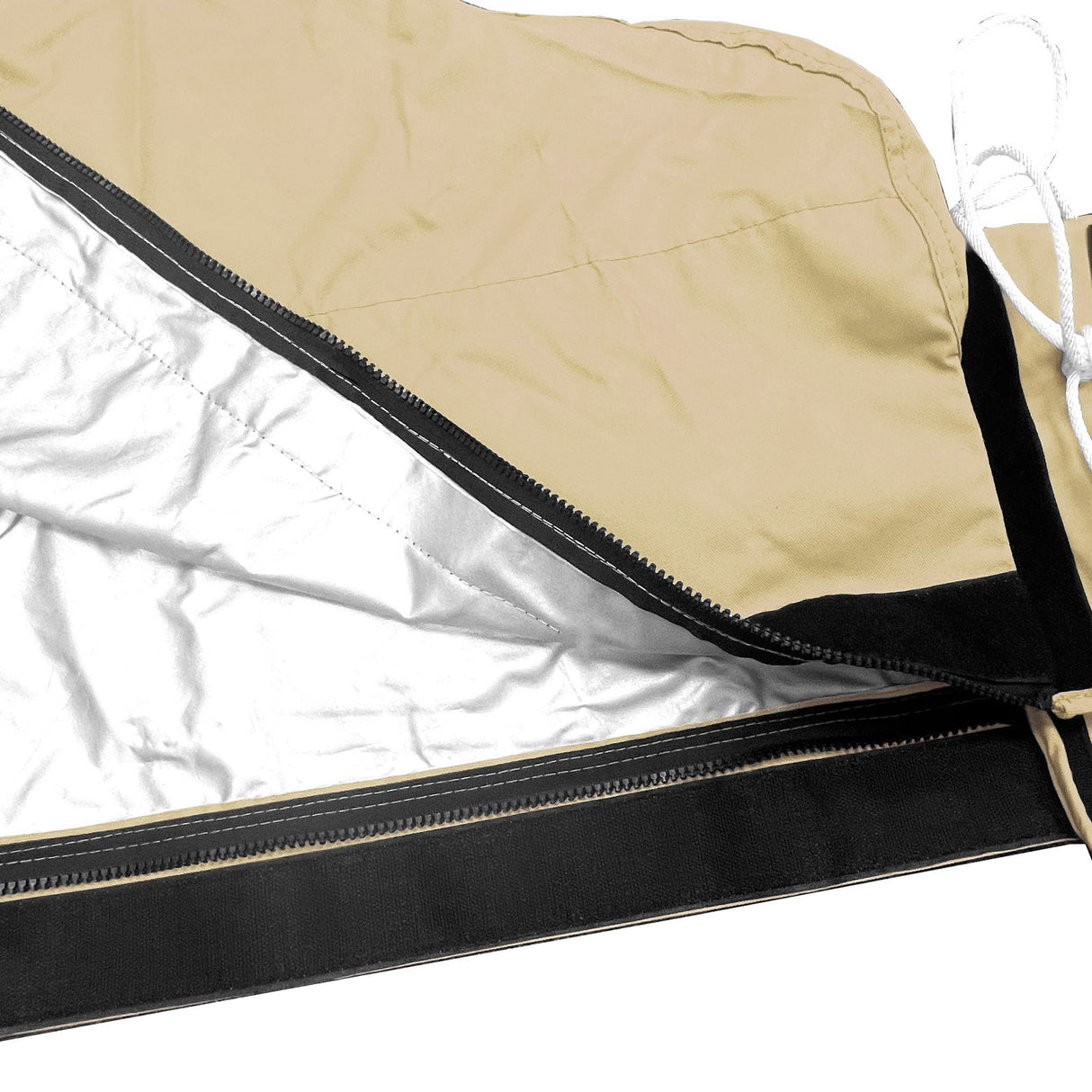 Heat-reflective interior lining with full-length zipper on beige waterproof mainsail boom cover