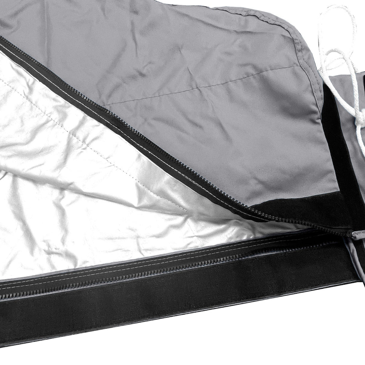 Heat-reflective interior lining with full-length zipper on grey waterproof mainsail boom cover