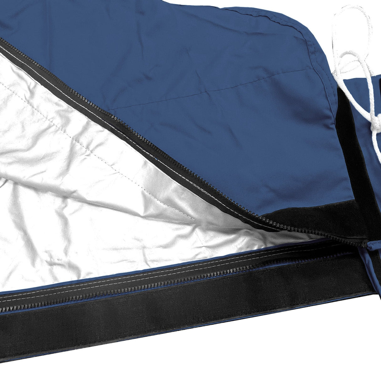 Heat-reflective interior lining with full-length zipper on navy waterproof mainsail boom cover