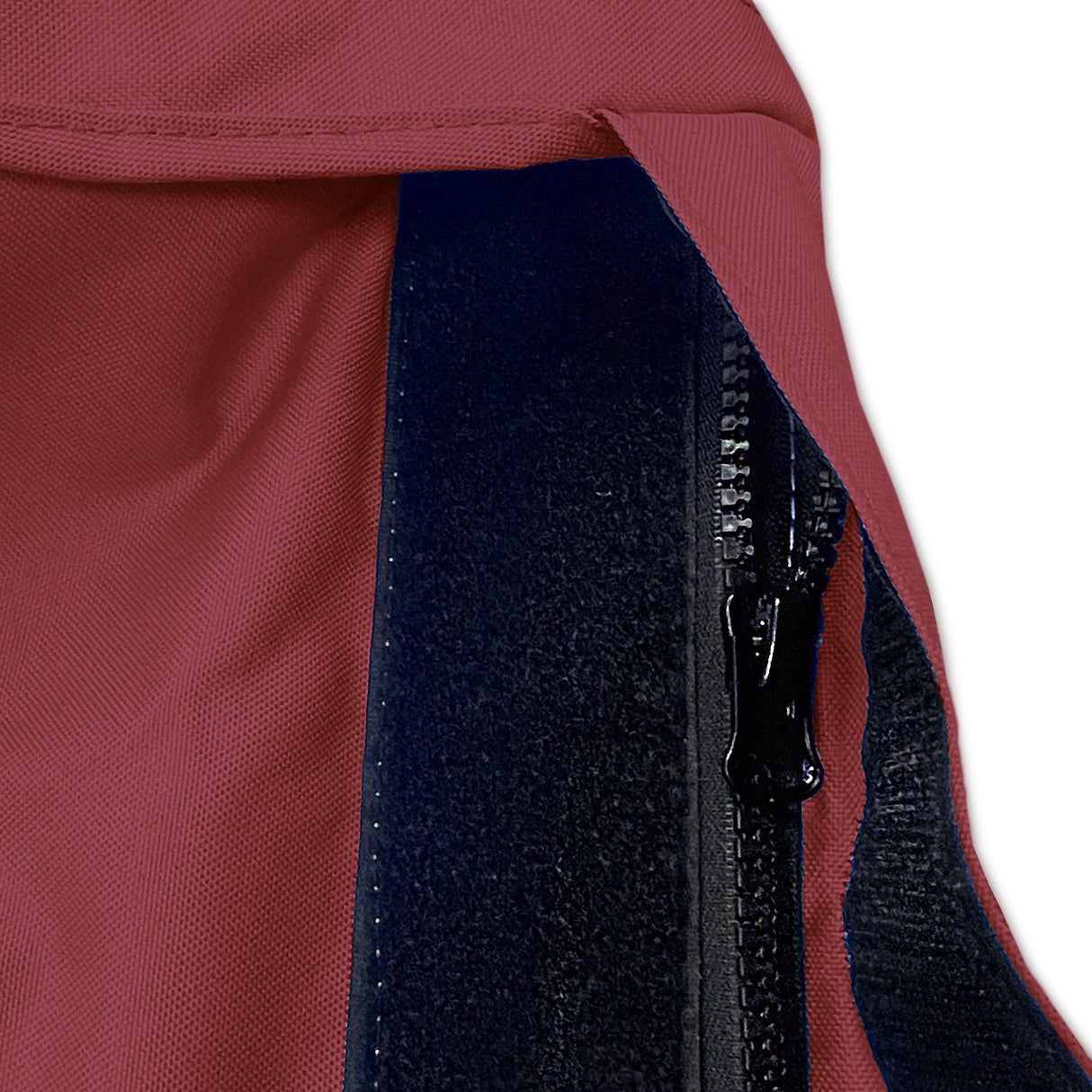 Velcro storm flap covering heavy-duty zipper on burgundy waterproof sailboat boom cover