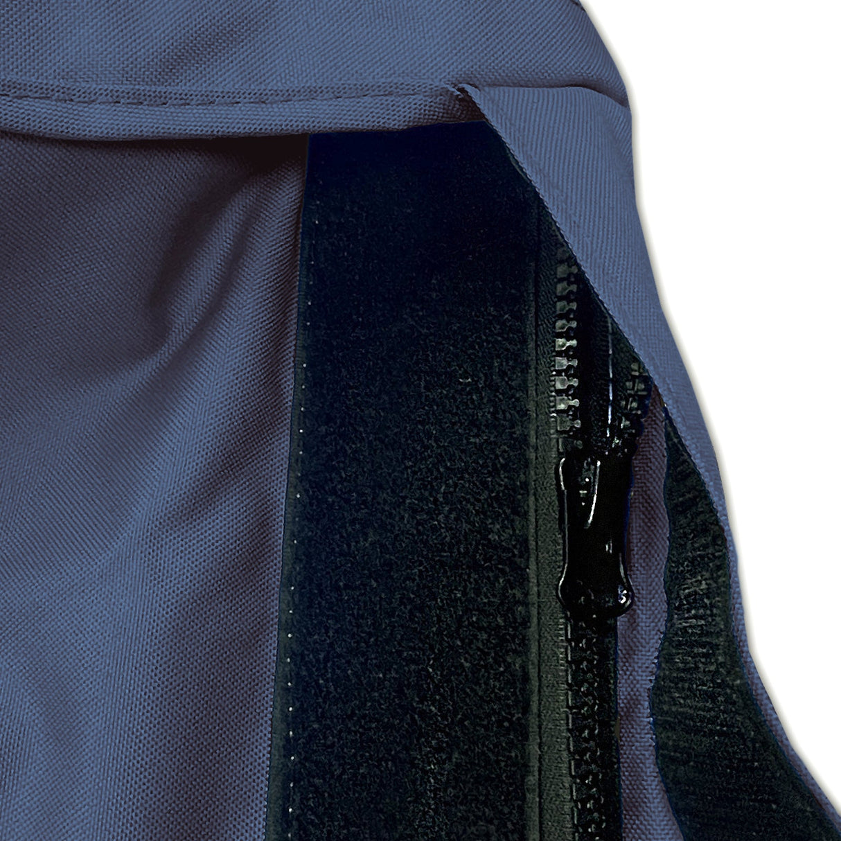 Velcro storm flap covering heavy-duty zipper on navy waterproof sailboat boom cover