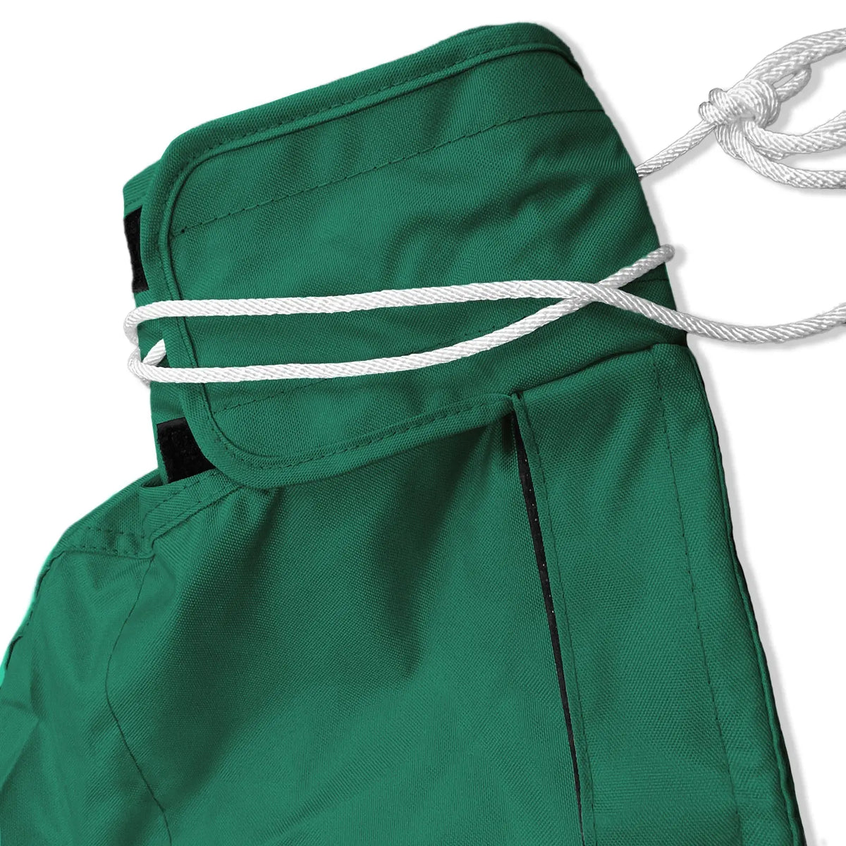 Tie-up string and reinforced top section of waterproof black sailboat mainsail boom cover
