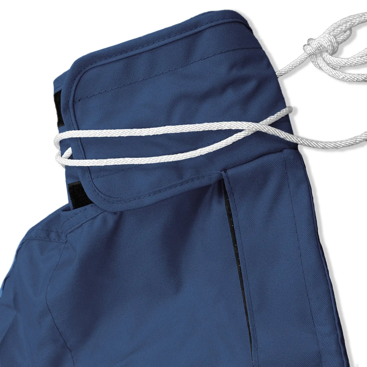 Tie-up string and reinforced top section of waterproof navy sailboat mainsail boom cover