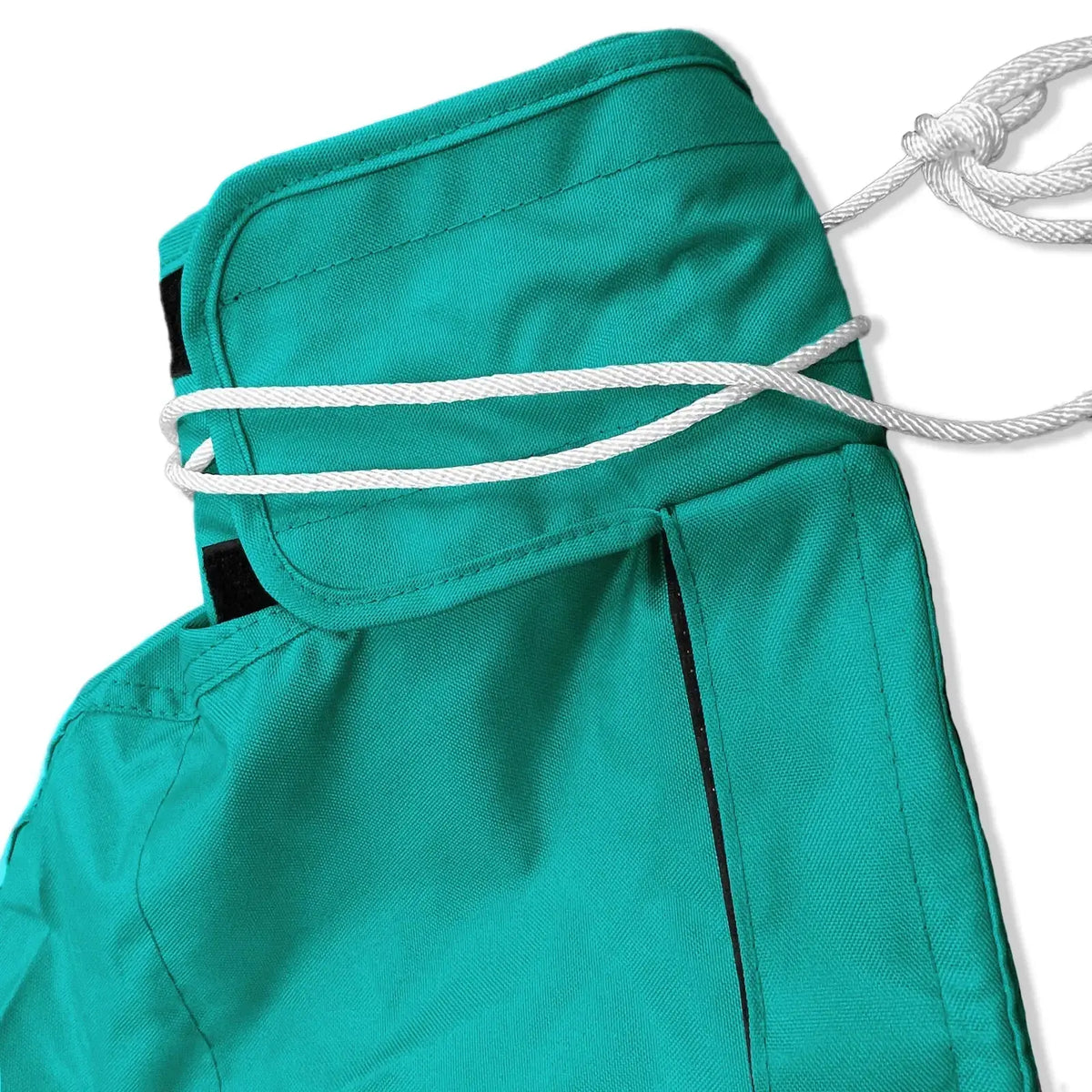 Tie-up string and reinforced top section of waterproof teal sailboat mainsail boom cover
