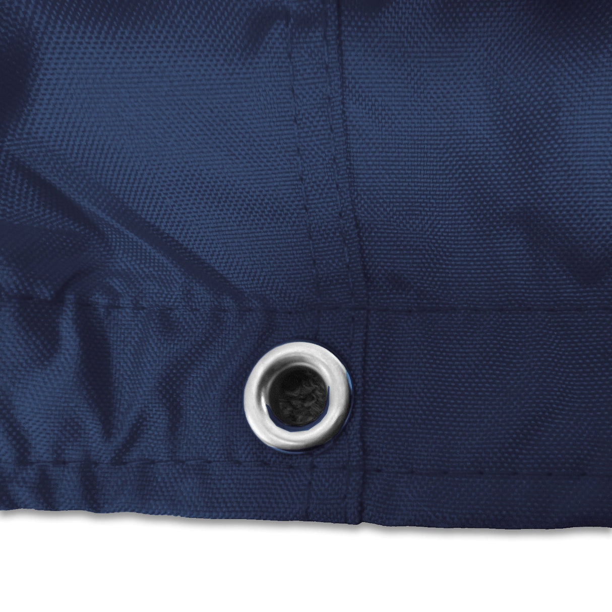 Stainless steel grommet on navy waterproof sailboat boom cover for drainage and ventilation