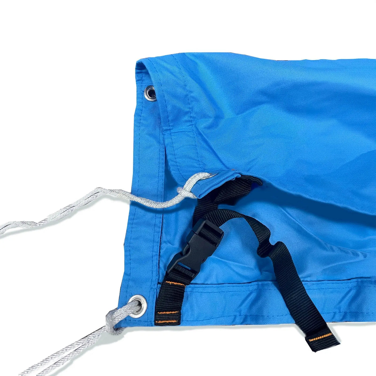 Adjustable tie-down straps and drawstring closure on blue waterproof sailboat boom cover for secure fit