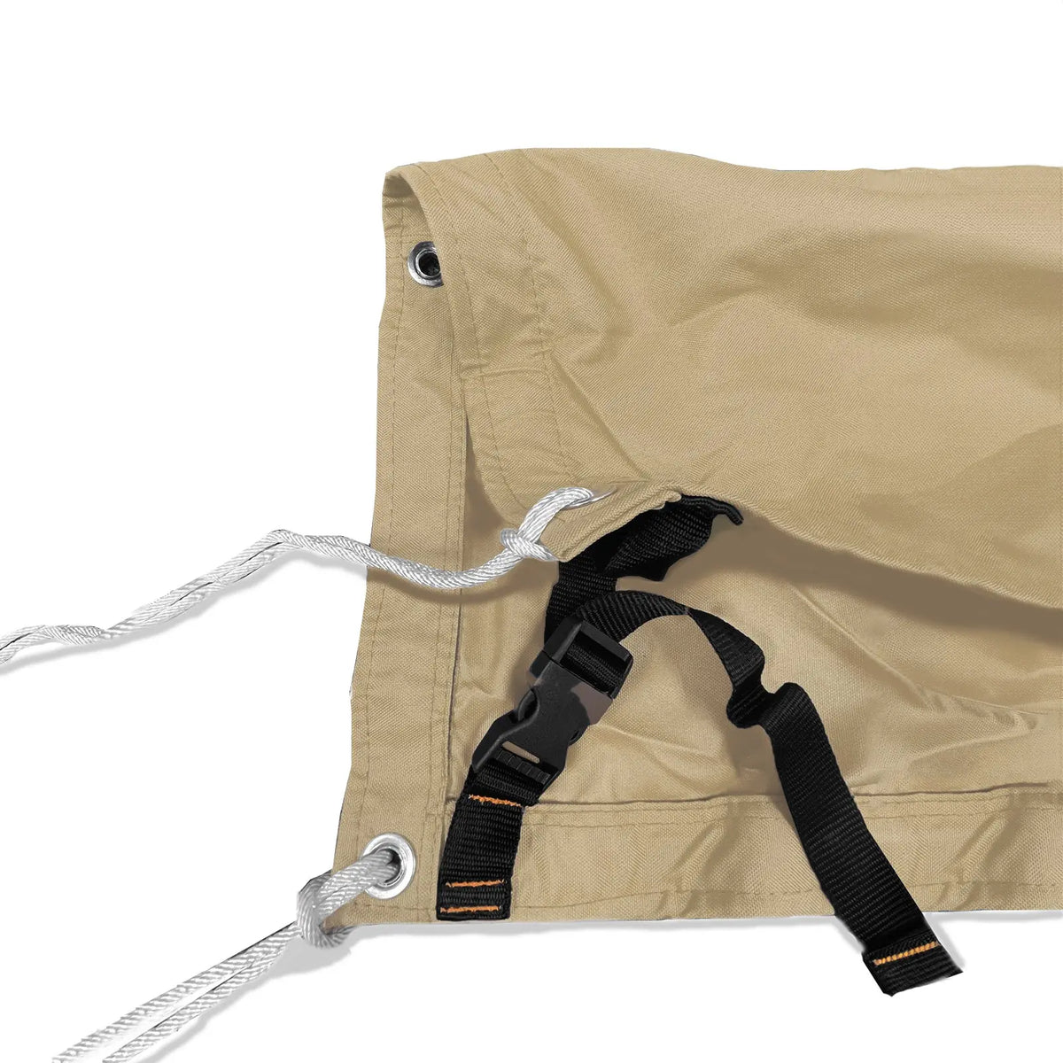 Adjustable tie-down straps and drawstring closure on beige waterproof sailboat boom cover for secure fit