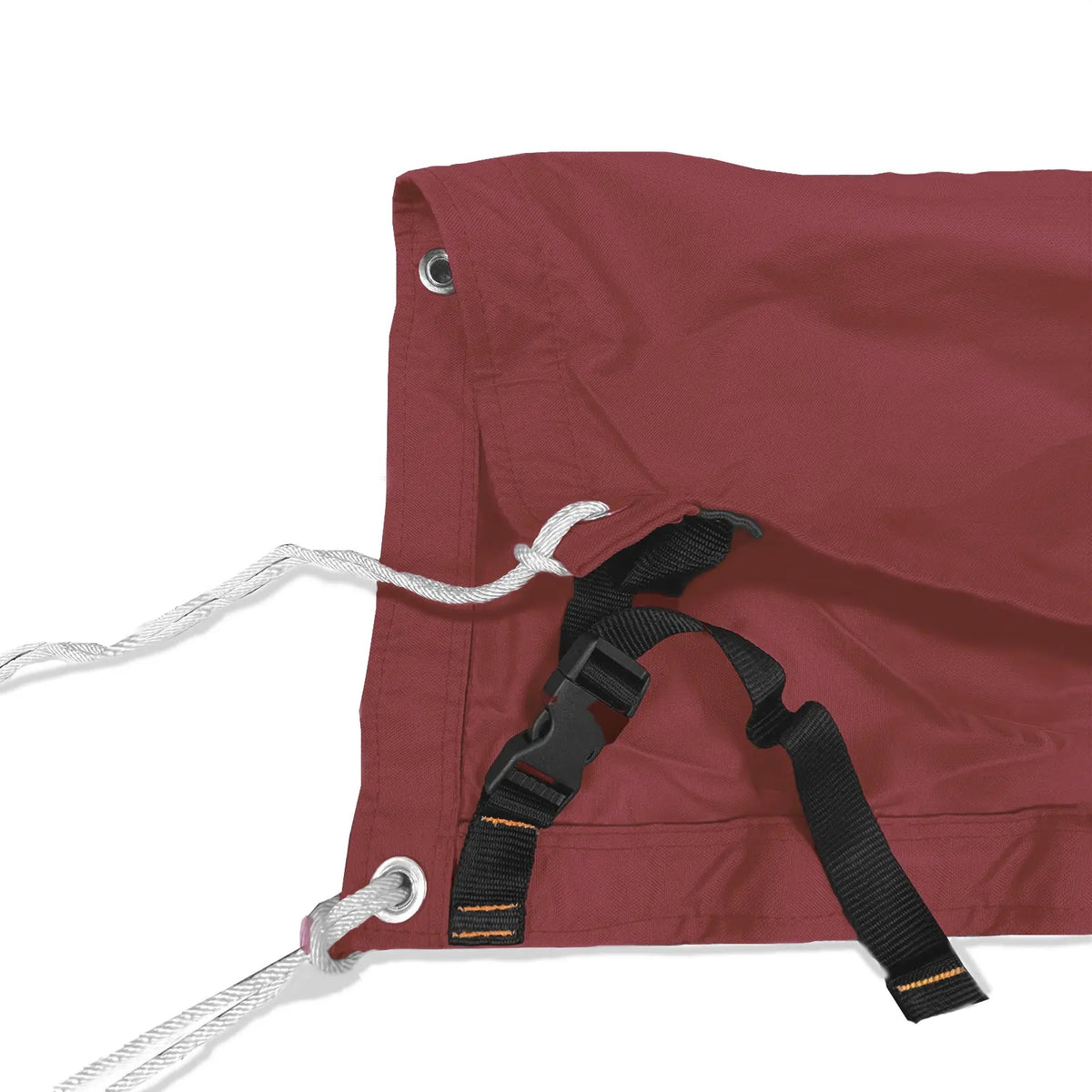 Adjustable tie-down straps and drawstring closure on burgundy waterproof sailboat boom cover for secure fit