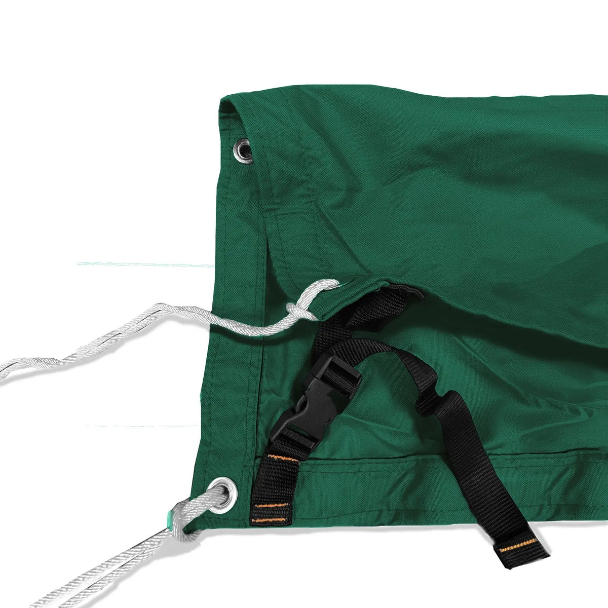Adjustable tie-down straps and drawstring closure on green waterproof sailboat boom cover for secure fit