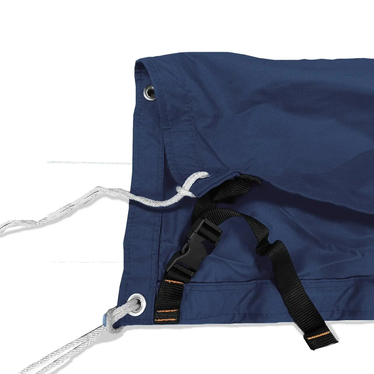 Adjustable tie-down straps and drawstring closure on navy waterproof sailboat boom cover for secure fit
