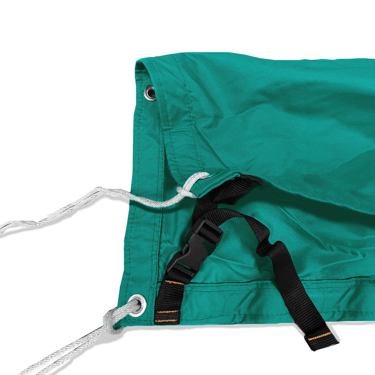 Adjustable tie-down straps and drawstring closure on teal waterproof sailboat boom cover for secure fit