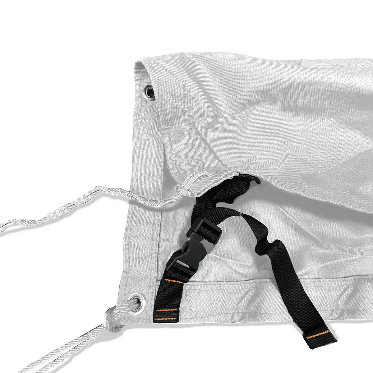 Adjustable tie-down straps and drawstring closure on white waterproof sailboat boom cover for secure fit