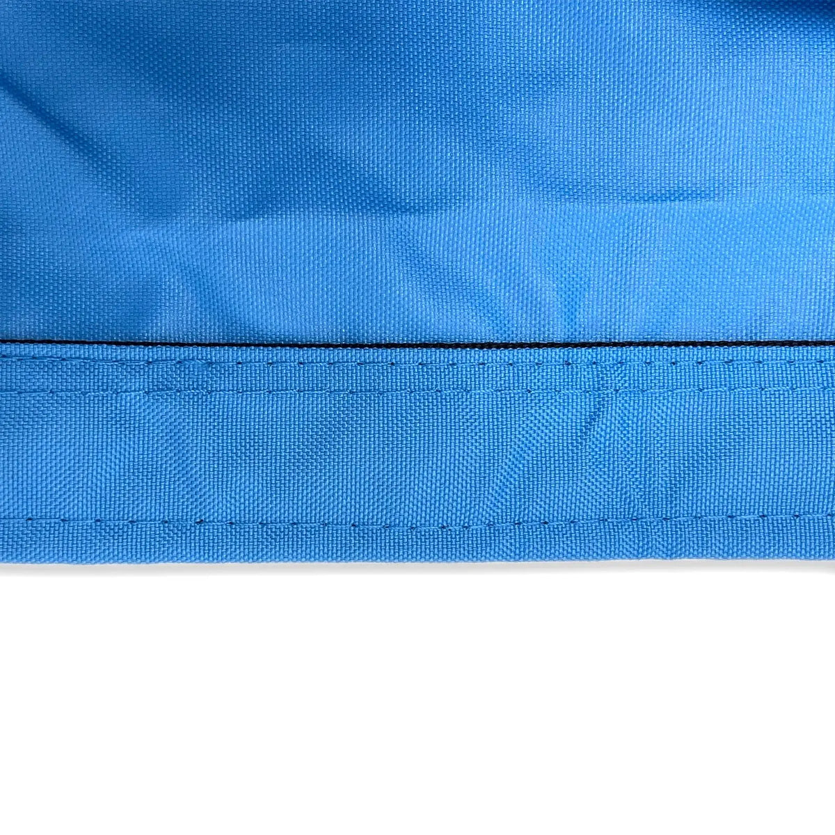 Reinforced double-stitched hem on waterproof blue sailboat boom cover fabric