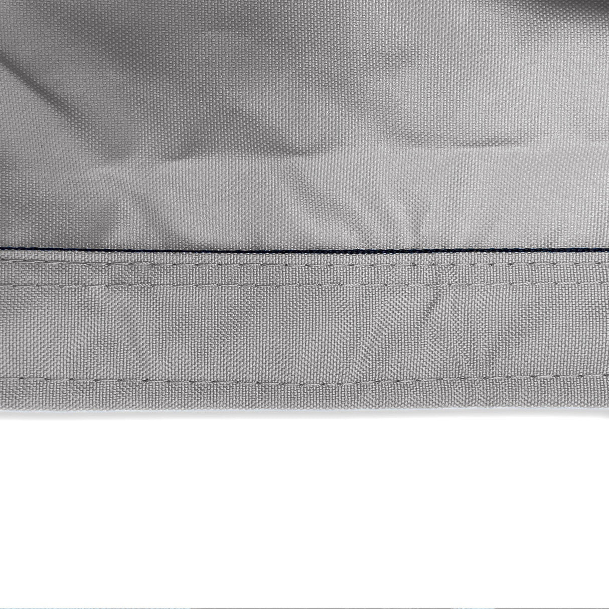 Reinforced double-stitched hem on waterproof grey sailboat boom cover fabric