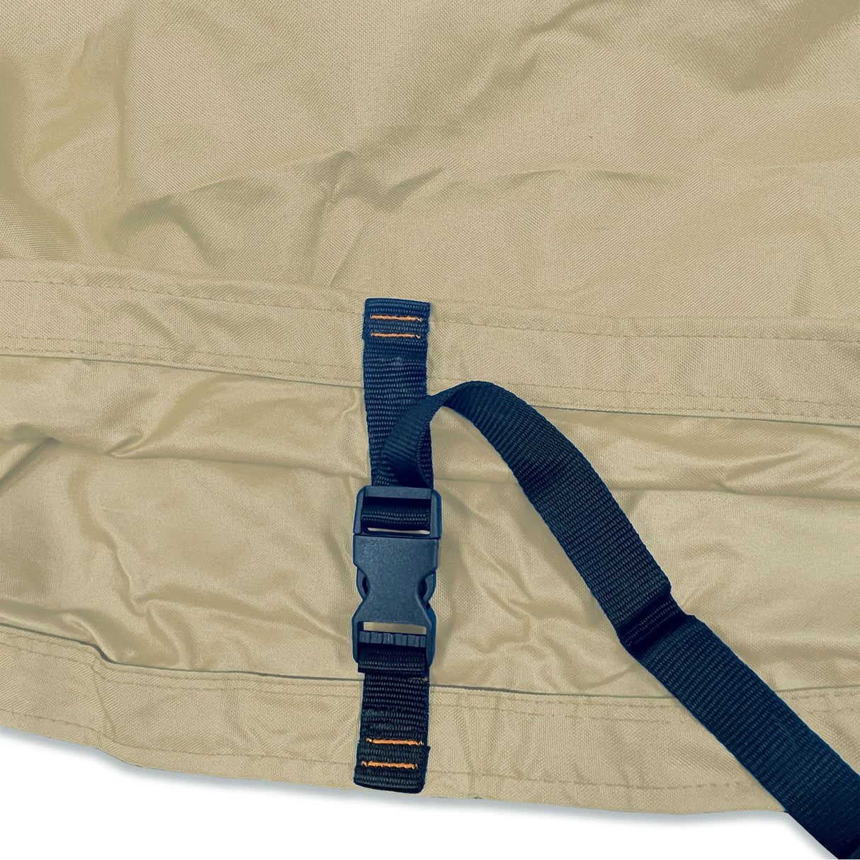 Adjustable buckle strap with reinforced stitching on beige waterproof sailboat boom cover