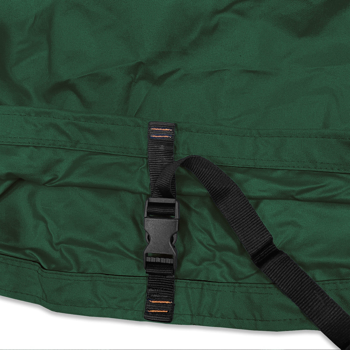 Adjustable buckle strap with reinforced stitching on green waterproof sailboat boom cover