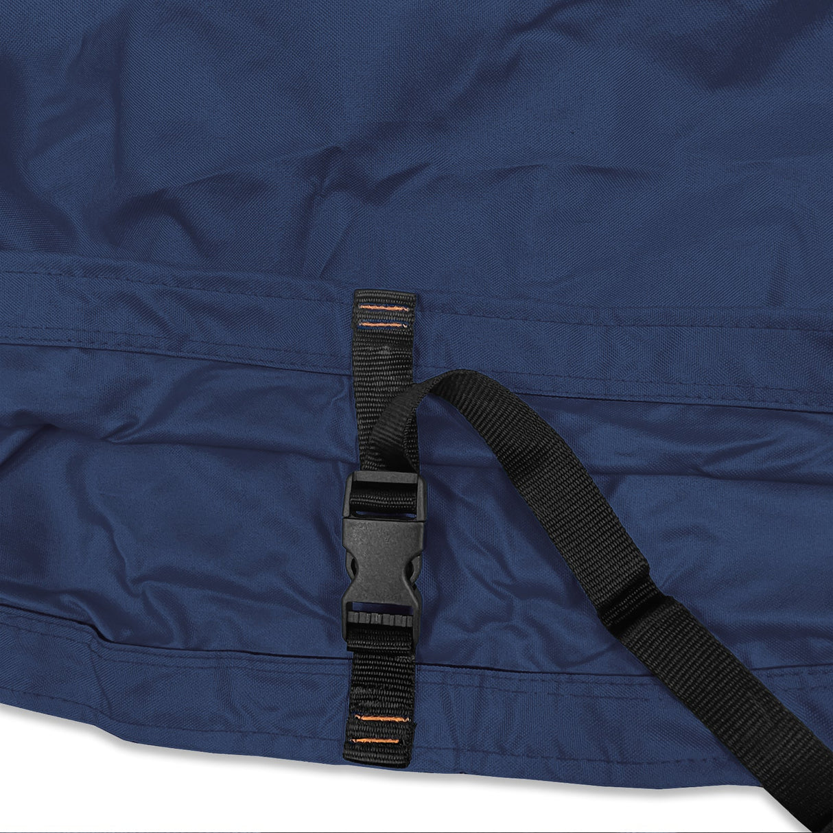 Adjustable buckle strap with reinforced stitching on navy waterproof sailboat boom cover