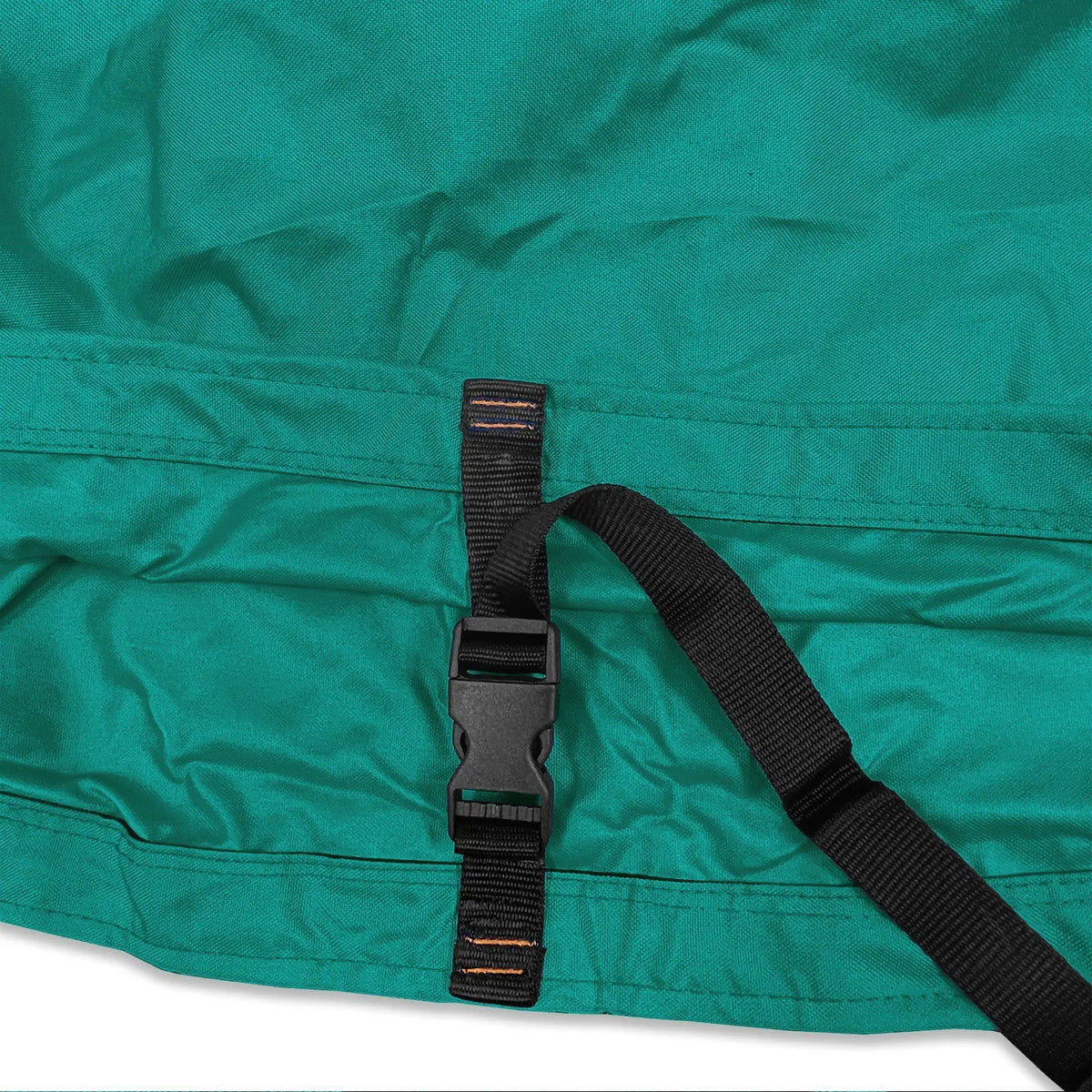 Adjustable buckle strap with reinforced stitching on teal waterproof sailboat boom cover
