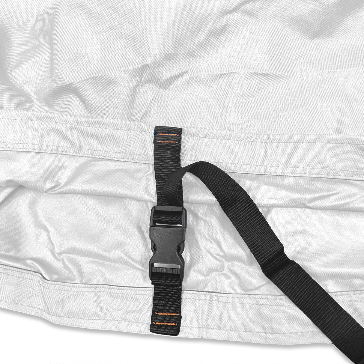 Adjustable buckle strap with reinforced stitching on white waterproof sailboat boom cover