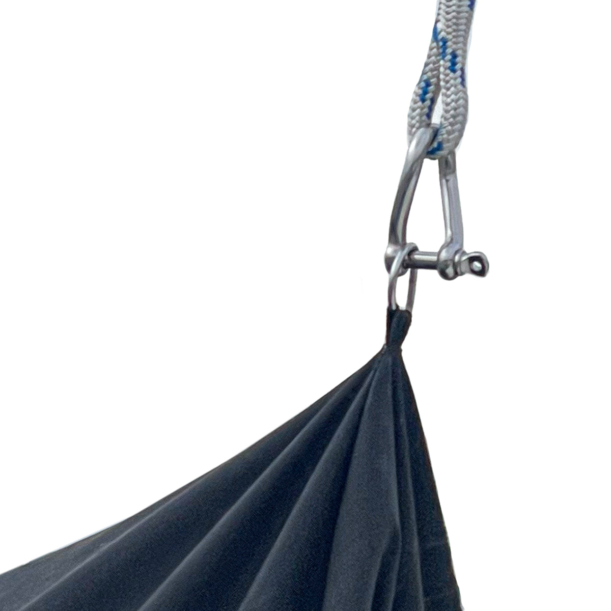 Marine-grade black jib sail bag featuring reinforced attachment point with heavy-duty shackle, carabiner, and braided rope connection, showcasing durable, weather-resistant construction for secure sail handling and long-lasting outdoor performance