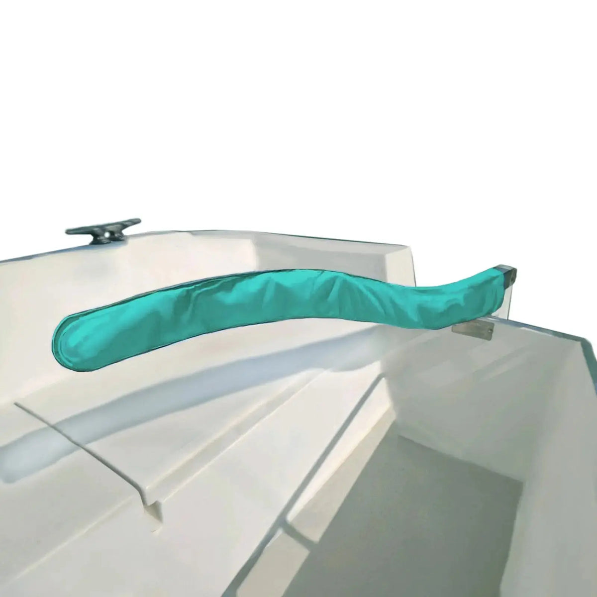 Marine grade teal sailboat tiller cover, waterproof rudder handle protector, and UV-resistant boat tiller sleeve to prevent wood weathering
